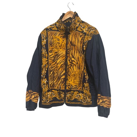 East West Baroque Tiger Print Zip Jacket Black Gold Vintage Style Size L - Picture 2 of 7